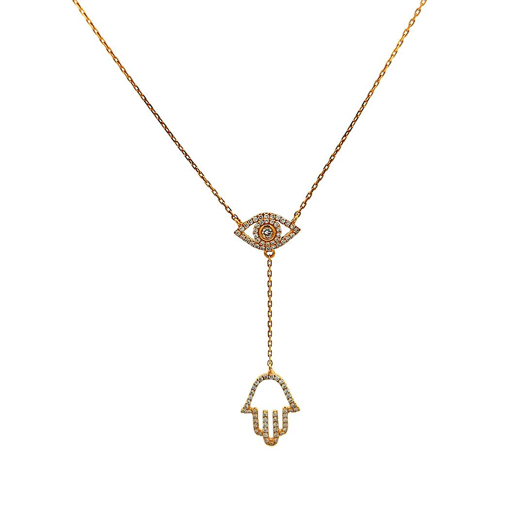 14K Yellow Gold Evil Eye Whith Hamza Pendant